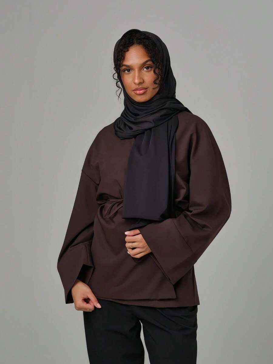 1 pieza Clásico unicolor elegante y casual Hijab de modal, pañuelo de cabeza estilo turbante largo adecuado para la vida diaria, salidas y reuniones - Negro - Ver 1