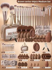 Bộ dụng cụ trang điểm đa năng 44 món gồm 20 cọ trang điểm, túi đựng mỹ phẩm chống nước, bông mút, bông phấn, băng đeo cổ tay, băng đô, dung dịch vệ sinh cọ, dụng cụ uốn mi và con lăn đá lạnh massage mặt, bộ dụng cụ làm đẹp hoàn chỉnh dành cho phụ nữ. - màu nâu - Xem 12