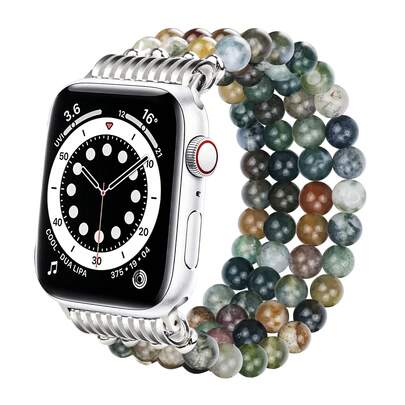 Compatible With Apple Watch 38mm 40mm 41mm 42mm 44mm 45mm 46mm 49mm, 4-Row Natural Stone Beaded Elastic Single Loop Watch Band, Comfortable Fit For 5.5-7.3 Inch Wrist, Unisex Watch Strap Replacement