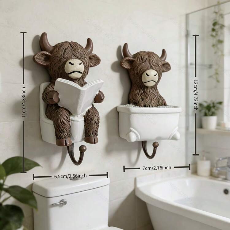 一套趣味浴室装饰挂钩套装 - 高地奶牛读书造型马桶挂钩，农舍风格陶瓷浴室装饰挂钩，承重500克。陶瓷挂钩已钻孔，方便墙面安装。适用于卧室、浴室、厨房、服装店、更衣室等场所。适合情人节、新年、开学季等节日。也是一份不错的礼物。 - 彩色 - 查看 4