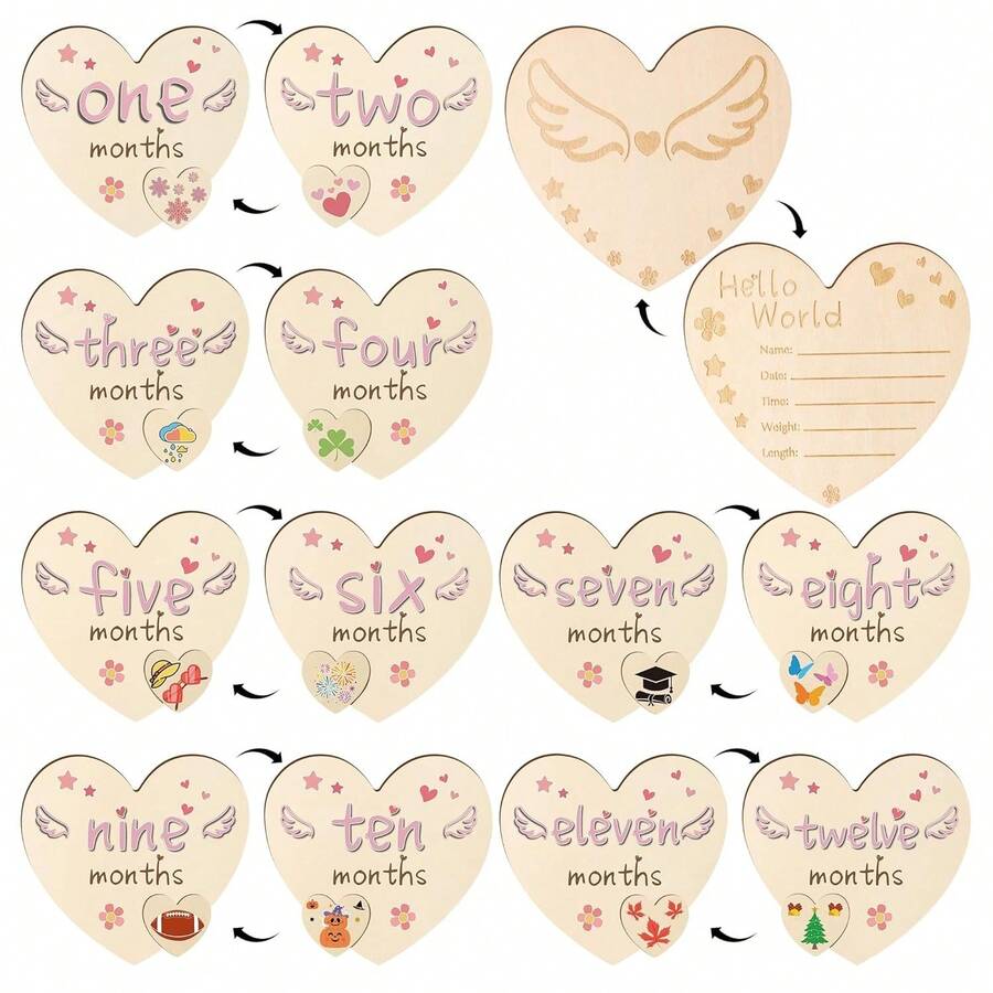 Discos de hitos mensuales del bebé "Hola mundo" 7 piezas con formas de corazón Placas de madera que incluyen 12 meses y tarjeta de identidad Seguimiento del crecimiento del recién nacido para accesorios de fotos Regalo para baby shower Recuerdo de baby shower - Multicolor - Ver 1