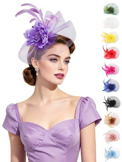 1 chiếc mũ cài tóc đính hoa và lông vũ, kiểu dáng Bohemian cổ điển thanh lịch, thích hợp cho các bữa tiệc, đám cưới, tiệc trà, tiệc cocktail, ngày hội đua ngựa, phù hợp cho mọi mùa.