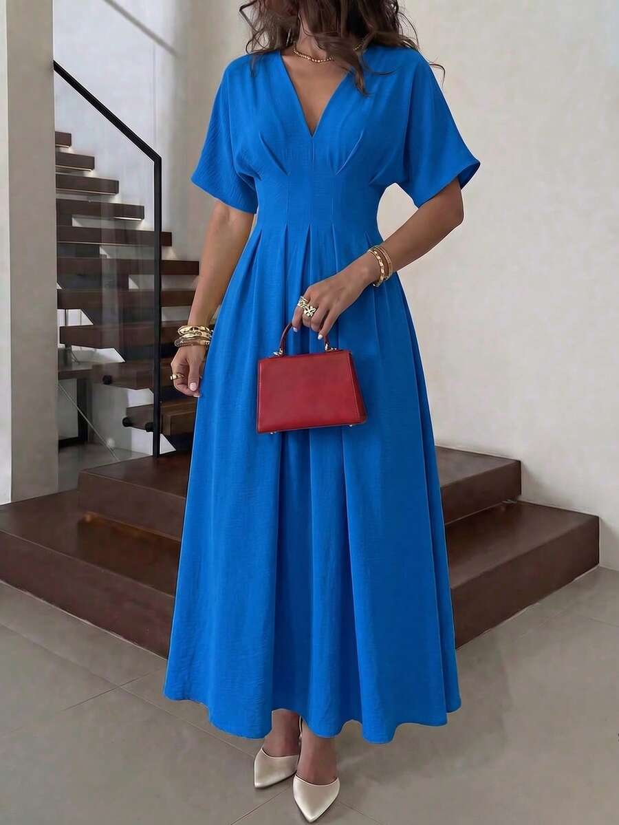 Women's Spring/Summer French Elegant Royal Blue Textured V-Neck Batwing Sleeve Cinched Waist Open Back Dress, Suitable For Office, Vacation, Wedding And Other Occasions - Blue - View 1