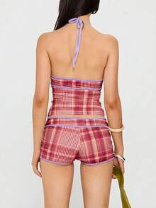 Bộ đồ Vaiaye 2 món dành cho nữ, kiểu dáng mùa xuân/hè, gồm áo hai dây và quần short, phối màu tương phản kẻ sọc, cổ chữ V sâu, thích hợp cho thời trang mùa hè, kỳ nghỉ biển, ngày lễ Thánh Patrick, đi làm. - Đỏ - Xem 2