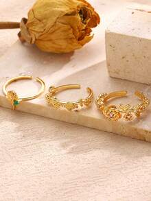 Set de 3 anillos abiertos con flor de rosa vintage de lujo incrustados con rhinestones, joyería elegante y minimalista versátil para mujer, adecuada para uso diario, fiestas y banquetes - Amarillo Oro - Ver 3