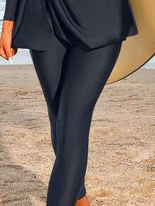 HaiiMeid Solid Color Side Twist Long Sleeve Top And Pants Beach Resort Swimwear Set Vacation Summer - Dark Grey - View 5