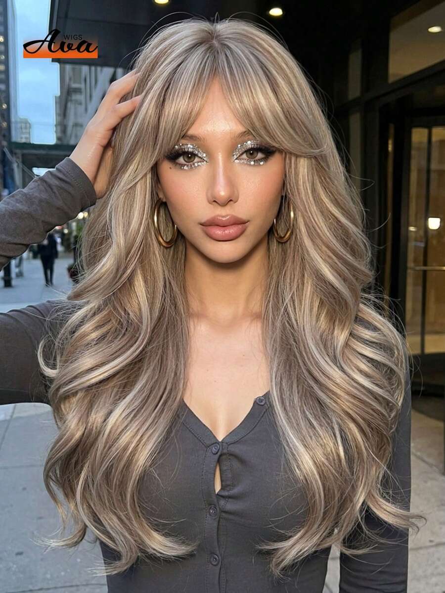 Peruca Sintética Longa com Ondas de Água, Destaque Ombré Loiro Cinza Ash, Resistente ao Calor, Aspecto Natural, Macia e Fofa, Leve, Estilo Chique, Para Uso Diário, Encontros, Festa, Cosplay, Sessão de Fotos, Viagem, Férias, Melhor Presente para Ela - Destacar cinza - Visão 1