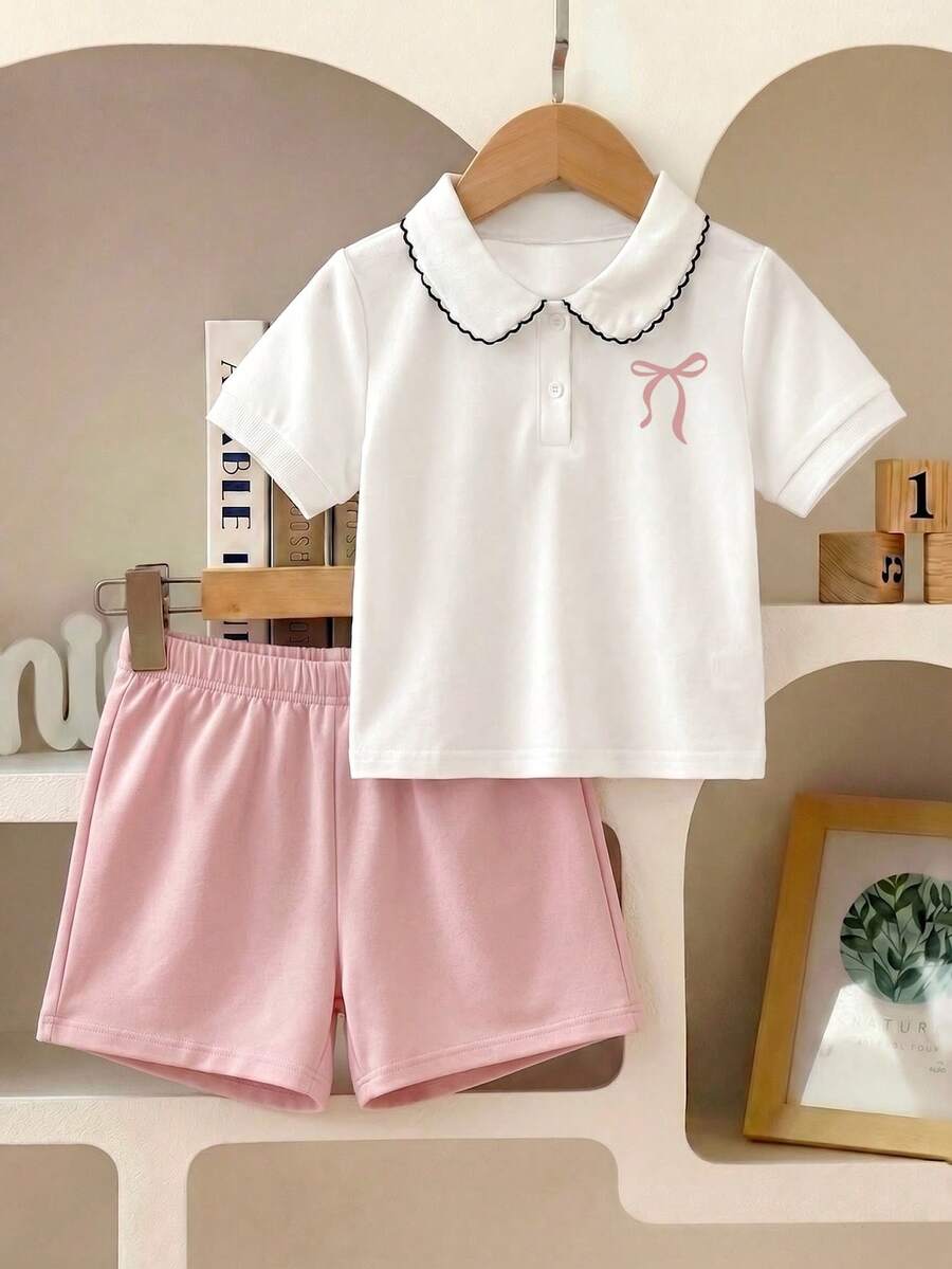 2pcs/Set Young Girl' Pink & White Ruffled Collar Polo Shirt Sweet Style Outfit - White - View 1