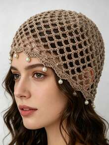 手工镂空串珠钩编无檐帽，波西米亚风透气针织女帽 - 多色 - 查看 9