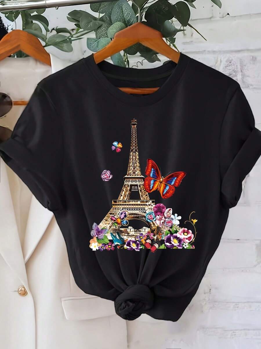 Talla unisex. Camiseta de algodón de talla grande para mujer, estilo casual de verano. Camiseta de manga corta para mujer con diseño de la Torre Eiffel y mariposa, cuello redondo, longitud regular, top para todas las estaciones, moda para el día a día. | Tema de París | Butterfly GraphiMaterial absorbente del sudor, suave y agradable para la piel. - Negro - Ver 1