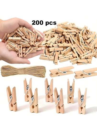 Bộ 30/50/100 kẹp quần áo mini bằng gỗ (kèm dây gai dài 10m), kẹp quần áo nhỏ, kẹp quần áo mini, thích hợp dùng để kẹp ảnh, làm đồ thủ công, phơi quần áo, quà tặng cho em bé, trưng bày tác phẩm nghệ thuật.