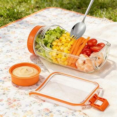 32oz Transparent Plastic Sealed Portable Salad Container With 2.5oz Dressing Cup Compartment, Lid And Side Opening Design, Ideal For Lunch, Suitable For Office, School, Travel