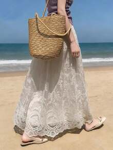 Yooly 女士时尚蕾丝网纱刺绣拼接弹力腰半身裙，休闲时尚，度假海滩波西米亚风白色夏季 - 白色 - 查看 3