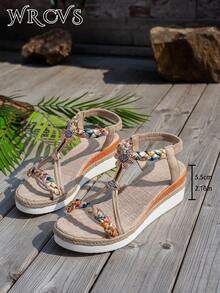 WRCVS Sandal nữ màu be, sandal quai đan, sandal đế xuồng mùa hè, sandal đan đính hạt thủ công, họa tiết ngẫu nhiên, sandal nhẹ nhàng phong cách bohemian cho kỳ nghỉ, sandal ngoài trời cao cấp. - Màu be - Xem 7