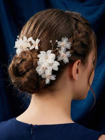 3pcs White Floral Hair Barrette Set, Boho Wedding Bridal Hair Accessories With Crystal Detail, Fairy Flower Hair Pin For Bridesmaid