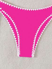2026 New Contrast Color Tie-Front Split Bikini Set For Women Vacation Beach Summer - Rose Red 1 - View 6