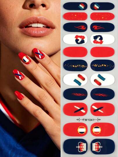 1 Sheet Football-Themed Nail Stickers In Red, Blue And White, 22 Nails Full Coverage Nail Art Decals With National Emblem, Flame And Crown Elements, Waterproof And Long-Lasting, Removable Nail Art Decorations For Sports Fans
