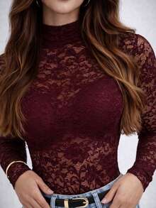 Women's Bodysuit With Transparent Lace, Long Sleeves, High Neck, Elegant, Autumn/Winter Fashion - 紅木色 - 查看 5