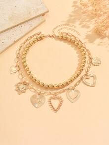 2pcs Gold CCB Large Beaded Hollow Heart Alloy Pendant Necklace Set, Fashionable Luxury Necklace Suit For Women, Suitable For Party, Formal Dinner, Outing - Gold - View 3