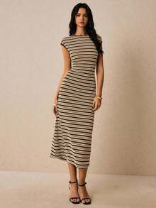 Vestido ajustado de mujer con rayas de moda, de verano - Marrón - Ver 7
