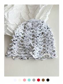 1 chiếc mũ len dệt kim khoét lỗ đính sequin cho nữ, mũ len móc dễ phối đồ mùa xuân hè, mũ len cao cấp giữ ấm. - Hạt kim sa hình xương cá - Xem 13