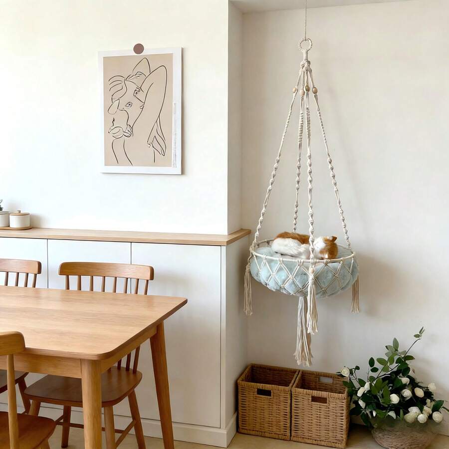 1 chiếc võng treo cho mèo bằng macrame, kiểu Bohemian, giường treo cho mèo, cây leo cho mèo kiểu công chúa, võng đu cho mèo làm thủ công bằng sợi dệt, phù hợp cho mọi mùa - Không bao gồm đệm. - Màu be - Xem 1