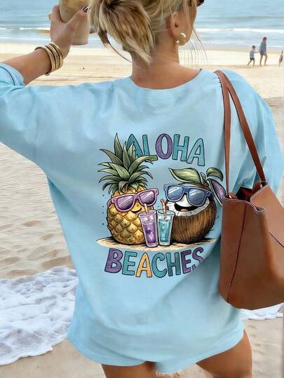 女士夏季新款休闲标语印花宽松圆领短袖T恤，时尚日常度假穿着，适合日常和度假穿着