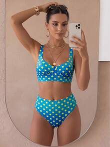 八月假期 夏季优雅女士蓝色波点印花性感比基尼泳衣，随机印花沙滩度假泳装，夏季 - 彩色 - 查看 3
