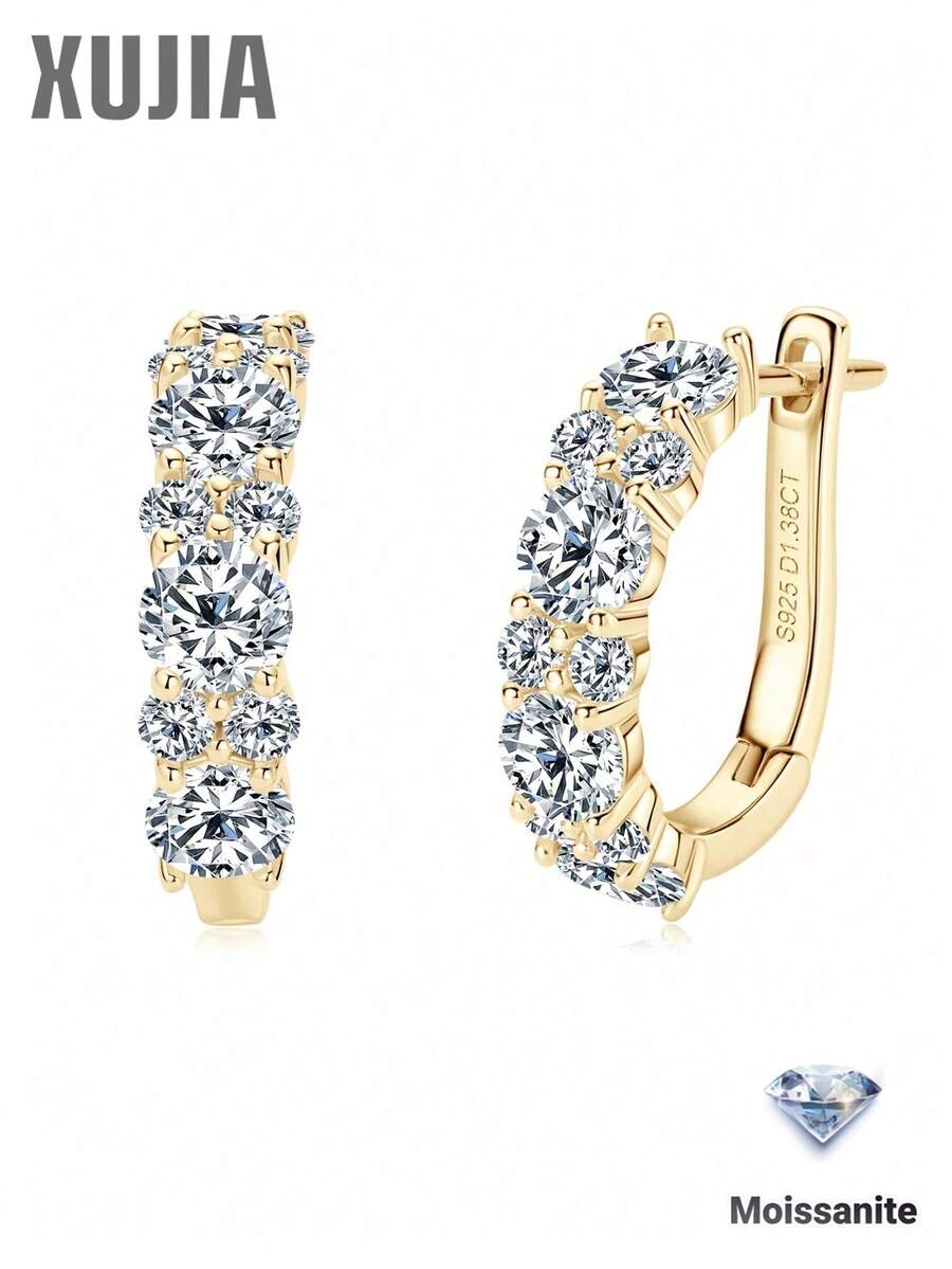 XUJIA 1 Pair (1.38 Carat + 1.38 Carat) Moissanite Earrings, 925 Sterling Silver, 4mm And 2mm Round Cut Moissanite Earrings, Fashion Earrings For Women, Jewelry Gift - Yellow Gold - View 1