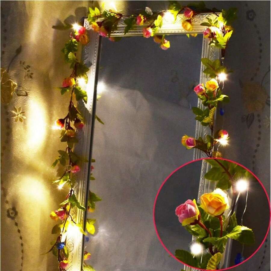 2m/4m/8m Rose LED String Lights With Battery Box, Artificial Flower Vine Decoration For Wedding, Home, Balcony, Room, Christmas, Arch, Camping, Wall Hanging, Garden, Party - Battery Box - View 1