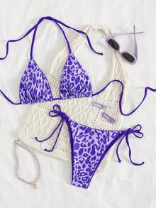 2pcs/Set Women Leopard Print Spaghetti Strap Tie Sexy Bikini Swimwear, Suitable For Beach Vacation Summer - Màu tím - Xem 2