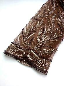 [Random Cut] Plus Size Women's New Round Neck Mesh Pearl Embroidery Patchwork Chiffon Ruched Waist Elegant Evening Party Dress Wedding Spring - Coffee Brown - View 8