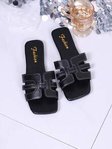 New Square Toe Solid Color Korean Style Slippers, Black Flat Beach Sandals, Summer Fashion Outdoor Slides For Women - Black - View 2
