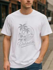 2026.Tops. Resort Palm PARADISE Men's Printed Short-Sleeve, Simple Knitted Pure Cotton T-Shirt, Loose Round-Neck Comfortable And Unique T-Shirt, High-Quality Pure Cotton T-Shirt, Suitable For Layering In Winter, Great As A Gift, Made Of Pure Cotton Fabric, Machine Washable, Versatile For Spring, Summer, Autumn, And Winter. - White - View 1