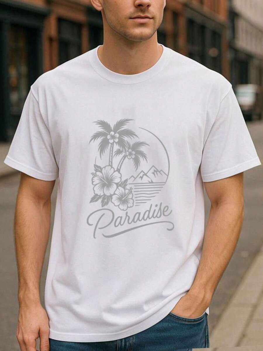 2026.Tops. Resort Palm PARADISE Men's Printed Short-Sleeve, Simple Knitted Pure Cotton T-Shirt, Loose Round-Neck Comfortable And Unique T-Shirt, High-Quality Pure Cotton T-Shirt, Suitable For Layering In Winter, Great As A Gift, Made Of Pure Cotton Fabric, Machine Washable, Versatile For Spring, Summer, Autumn, And Winter. - White - View 1