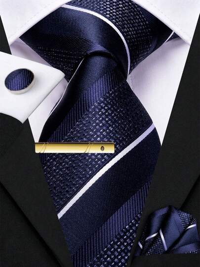 Men's Dark Blue White Striped Tie Set – Includes Pocket Square, Cufflinks & Gold Tie Clip, Festive Formal Necktie For Holidays