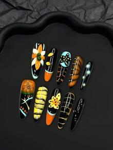 LIVENTO 10pcs Stunning Hand-Painted Handmade Press On Nails With 3D Carved Flowers, Dimensional Details, And Faux Pearl Accents-Perfect For Bold, Sweet, And Statement-Making Long Acrylic Nails. - 黑色 - 查看 2