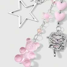 1件可爱时尚粉色系列仿水晶、仿珍珠、亚克力卡通熊、草莓、丝带蝴蝶结、镂空星星、液态合金锆石、水钻钥匙扣/包饰，适合女性、女孩、姐妹、朋友，日常佩戴，节日礼物 - 粉色 - 查看 5