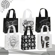 6/12 piezas Bolsas reutilizables de tela no tejida con tema de voleibol, en negro y blanco con estampado de voleibol, adecuadas para jugadores de voleibol, fiestas de equipo, eventos deportivos, regalos de cumpleaños, almacenamiento diario y compras - 9021 - Ver 2