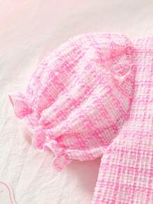 3件套夏季甜美少女风粉白方领花瓣袖露脐上衣、高腰弹力短裤、渔夫帽 - 粉色 - 查看 4