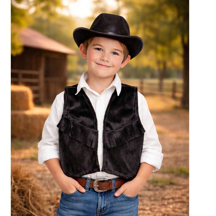 Children's Cowboy Style Kit – Hat + Vest With Fringe - Black/ Model 2 - View 1
