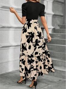 Women's Printed Maxi Dress Short Puff Sleeve Crew Neck Tie Waist Casual Long Dress For Daily Wear Party - Màu kaki - Xem 2