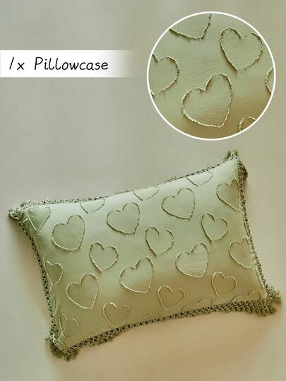 1pc Bohemian Style Green Cutout Heart Tufted Pillow Case With Tassels, Rustic Cute Polyester Decorative Throw Pillow Cover Suitable For All Seasons, Living Room Decor, Machine Washable, Without Filler