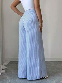 Nuevos pantalones de estilo coreano de primavera/verano, minimalistas y elegantes, de lino a rayas azul y blanco, de cintura alta, estilizadores, de pierna recta y sueltos, informales para mujer - Azul marino - Ver 10