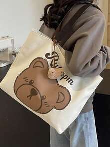 拉鍊式斜肩背帶休閒大容量熊圖案帆布托特包，適合女性、大學生通勤肩背包 - 彩色 - 查看 1