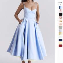 New Summer European And American High-End Princess Dress French Mesh Large Hem Double-Layer Strap Dress For Women - Hoa đỏ - Xem 2