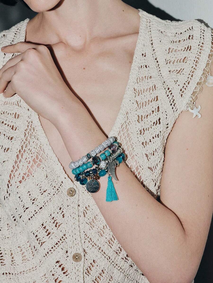 4pcs/Set Wing Tassels Beaded Layered Bracelet Set - Navy Blue - View 1