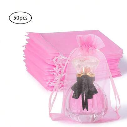 50pcs/Pack Pink Organza Drawstring Bags, Mesh Gift Bags Suitable For Handicrafts, Soaps, Candies, Jewelry Gifts, Wedding Favors, Baby Shower Gifts, Etc.