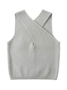 Women's Knitted Criss-Cross Spaghetti Strap Sleeveless Cropped Solid Color Textured Fitted Tank Top, Spring/Summer Inner Layer Sweater - Grey - View 6