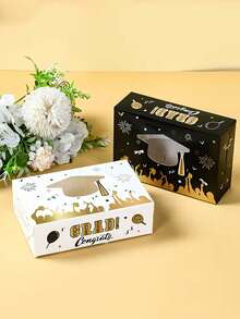 6 piezas Cajas de regalo con tema de graduación - Esquemas de color negro, blanco y dorado. Esta serie de cajas de regalo viene en colores negro y blanco, con el diseño centrado en elementos clave como las gorras de graduación. - Talla única - Ver 1